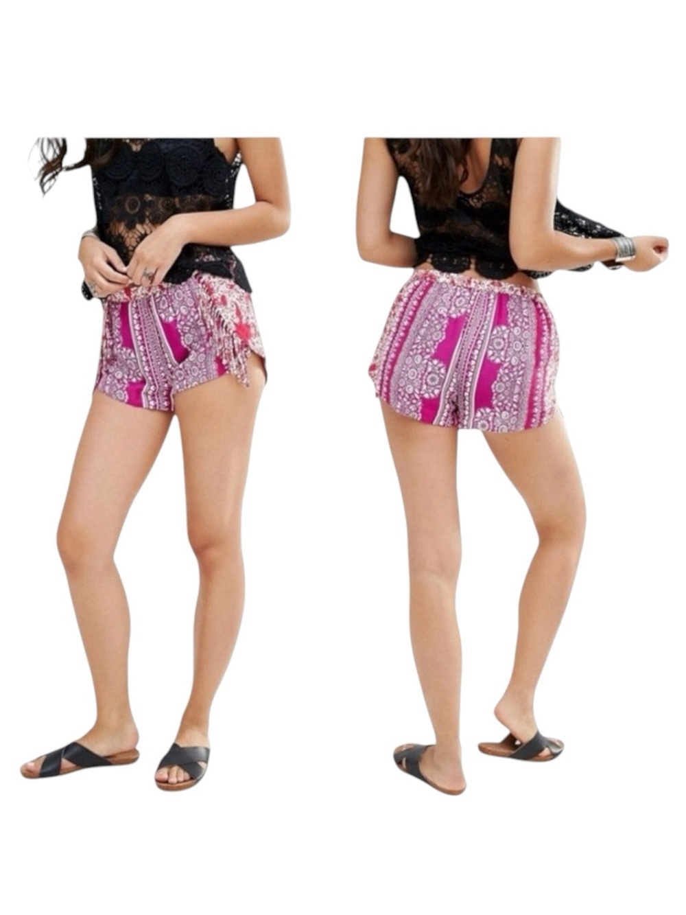 new Gypsy05 ꧁ Mixed Print Rayon Voile Fringe Shorts ꧂ Hot Pink Large ꧂ Festival - Picture 4 of 16